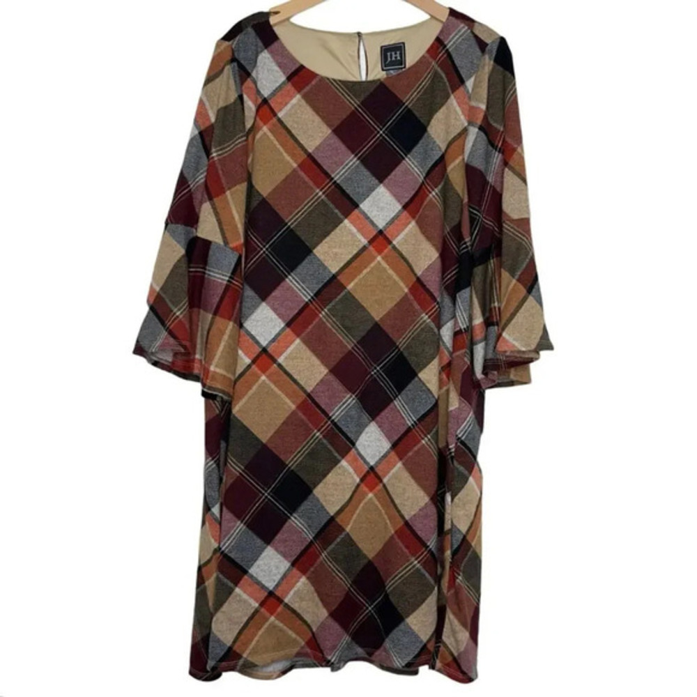 Jessica Howard womens 2X Plaid Dress 3/4 Bell Sleeves Shift Black Red Tan Preppy
